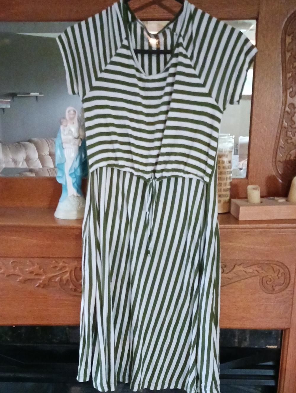 Latched Mama Olive Green and White Striped Midi Dress with Tie Waist
